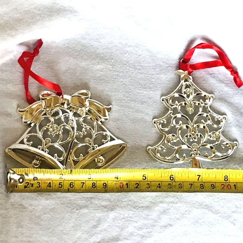 Lenox Christmas Ornaments 2 Sparkle and Scroll Bells + Tree Silver Original Box